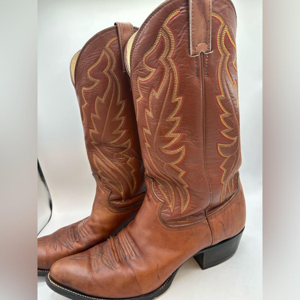 VINTAGE Diamond J JUSTIN Western Cowboy Brown Leather Boots WM’S Size US 12.5 - Picture 7 of 14